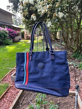 Roland Garros Navy Canvas Tote with Red and Teal Stripe. Ted top stitch